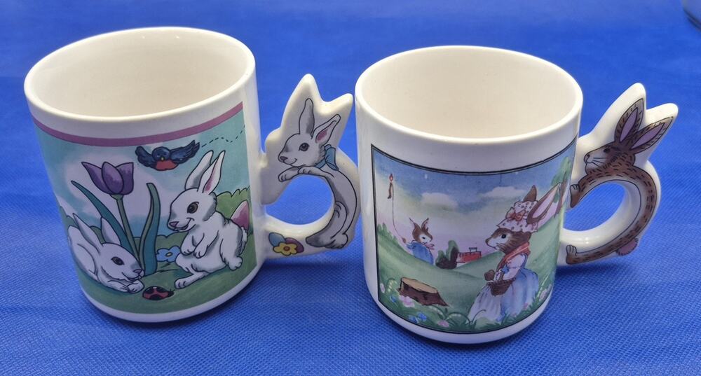 Two Vintage Country Bunny Ceramic Mugs Bunny Handle 10oz